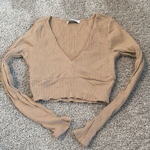 Emory Park Tan Ribbed V-Neck Crop Top